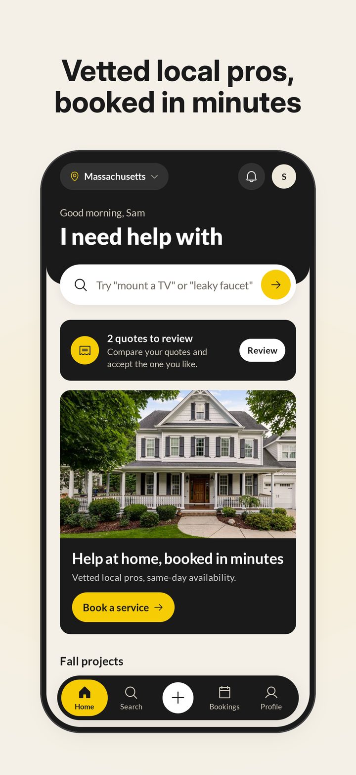 Handy Circle app home screen: vetted local pros, booked in minutes. Search for help like mounting a TV or a leaky faucet.