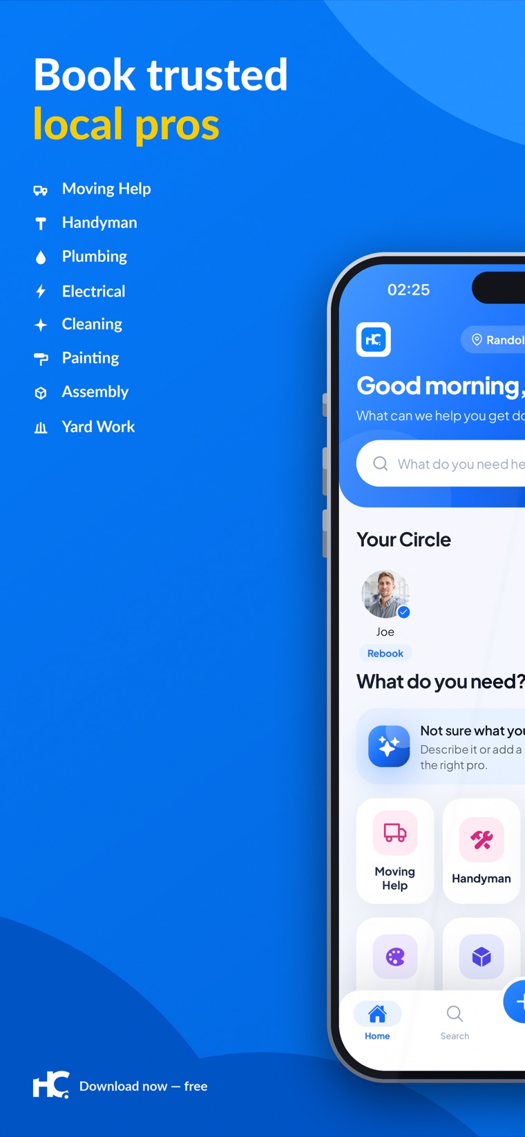 Handy Circle home screen — book Moving Help, Handyman, Plumbing, Electrical, Cleaning, Painting, Assembly and Yard Work from trusted local pros.