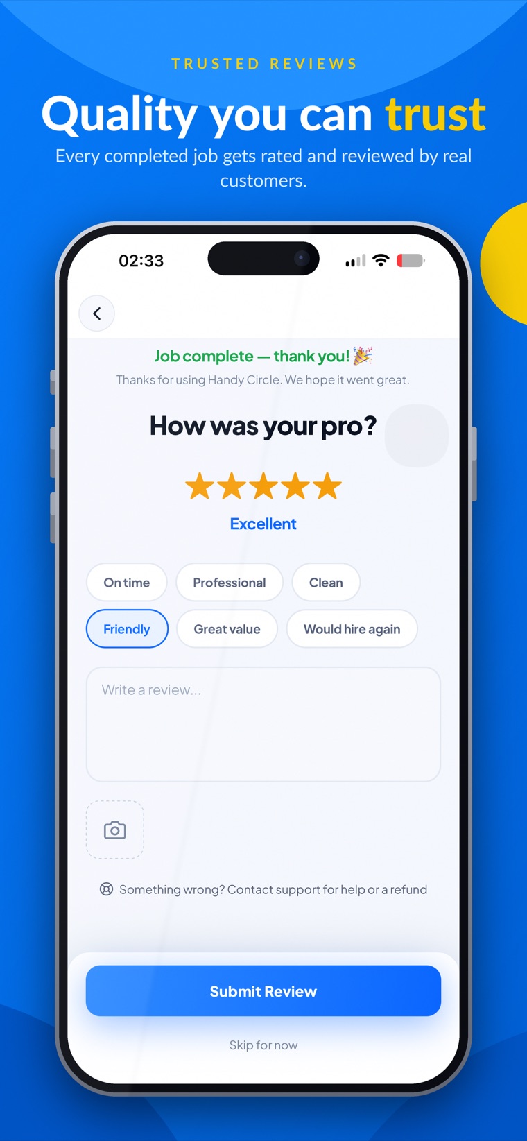 Rate and review every completed job — quality you can trust on Handy Circle.