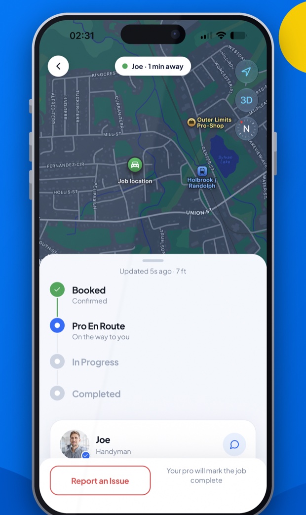 Handy Circle app showing live tracking — your pro Joe is 1 minute away, with booked, en route, in progress and completed status.