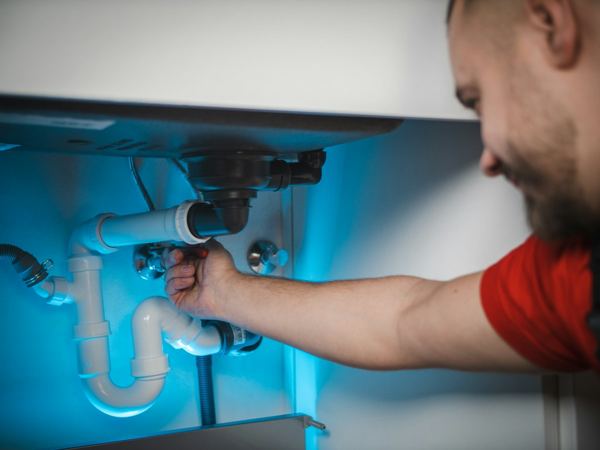 A plumber working on pipes behind a wall