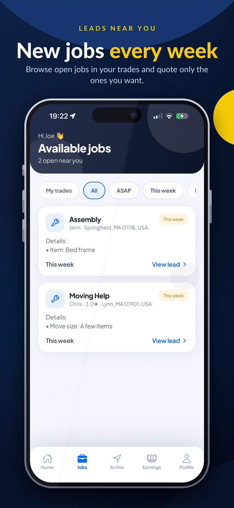 Handy Circle Pro app — browse open jobs near you and quote in two taps